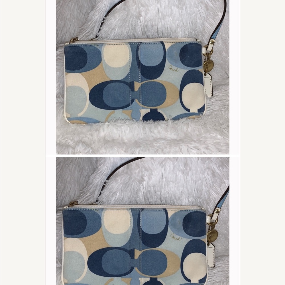 Coach signature canvass blue and white wristlet gently used